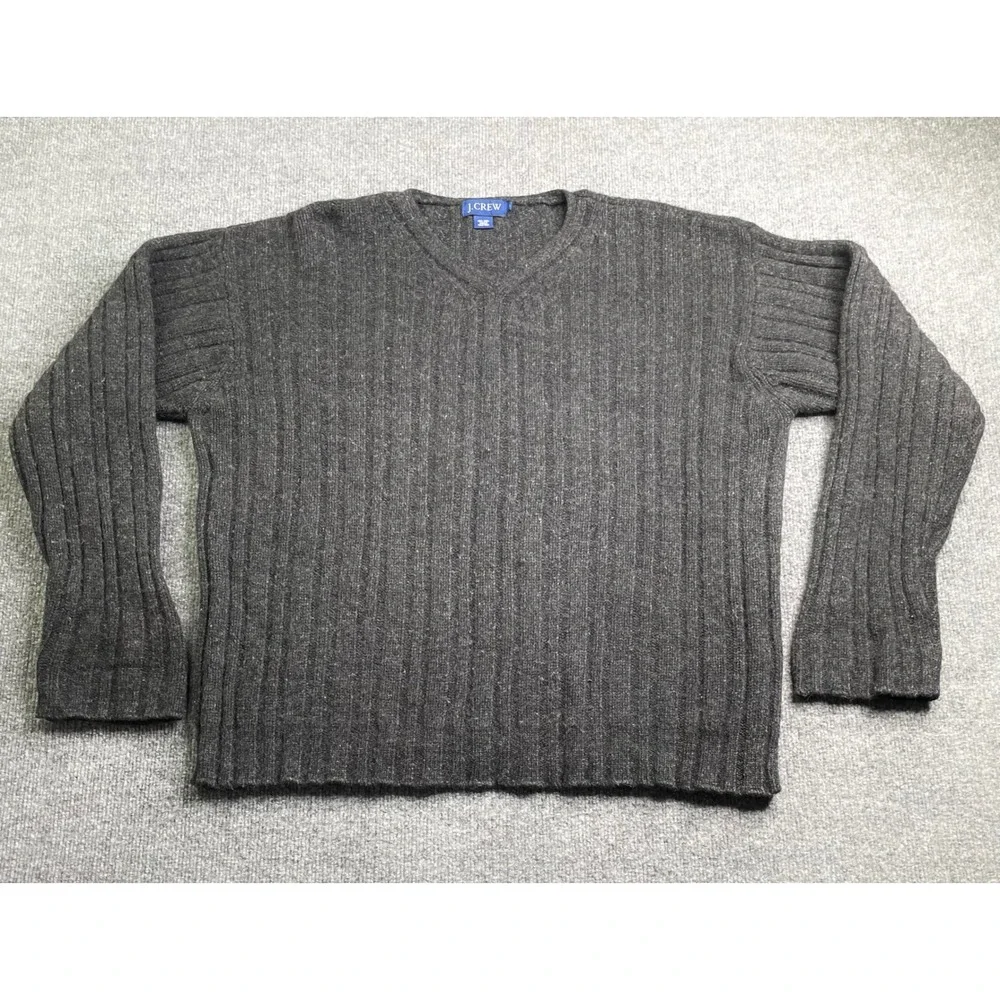 J. Crew Sweater Mens XL Gray Wool V-Neck Ribbed Knit Long Sleeve Charcoal VTG‎